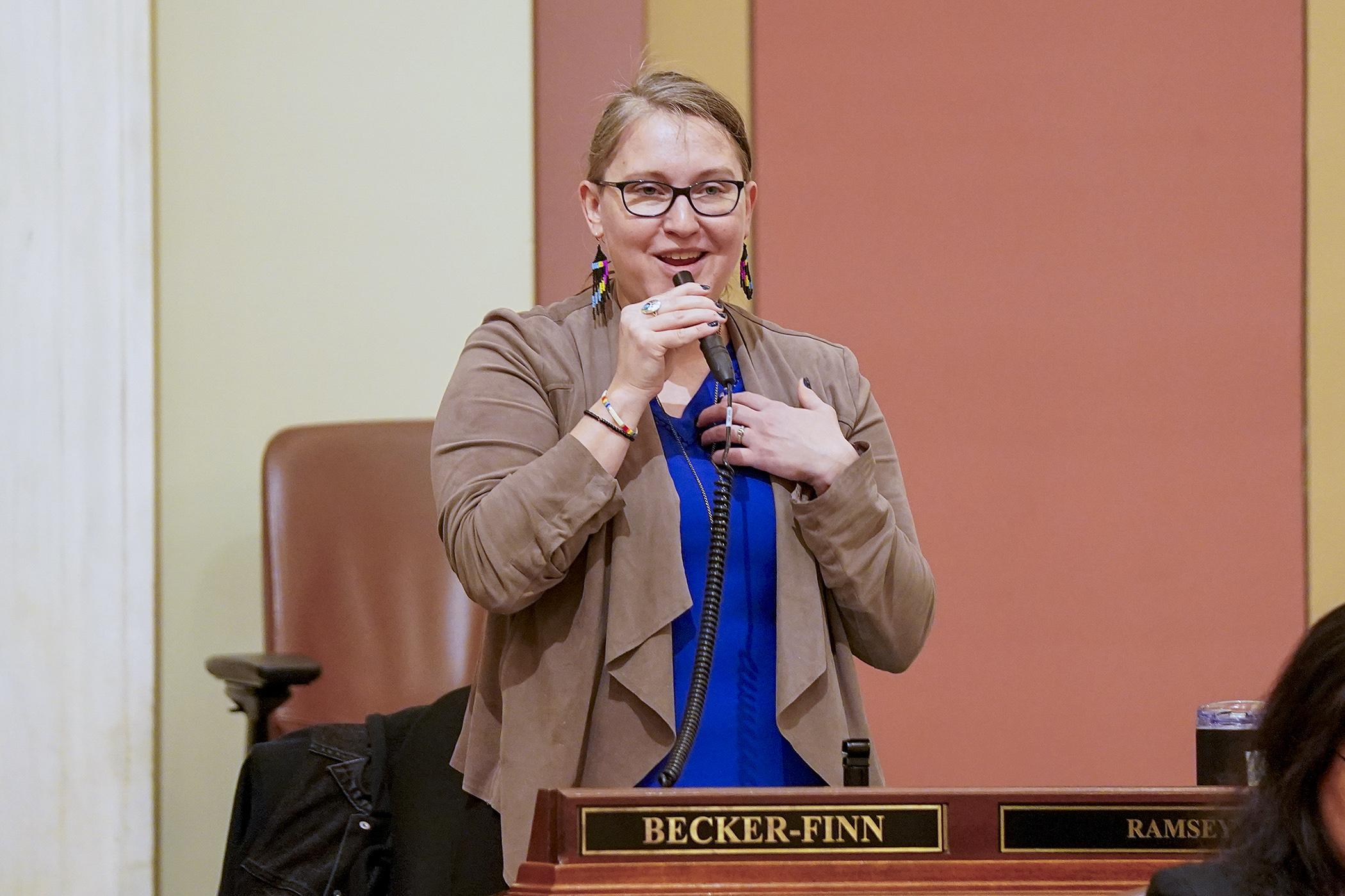 Rep. Jamie Becker-Finn introduces HF4300 on the House Floor May 2. The bill would establish new storage standards for firearms. (Photo by Michele Jokinen)